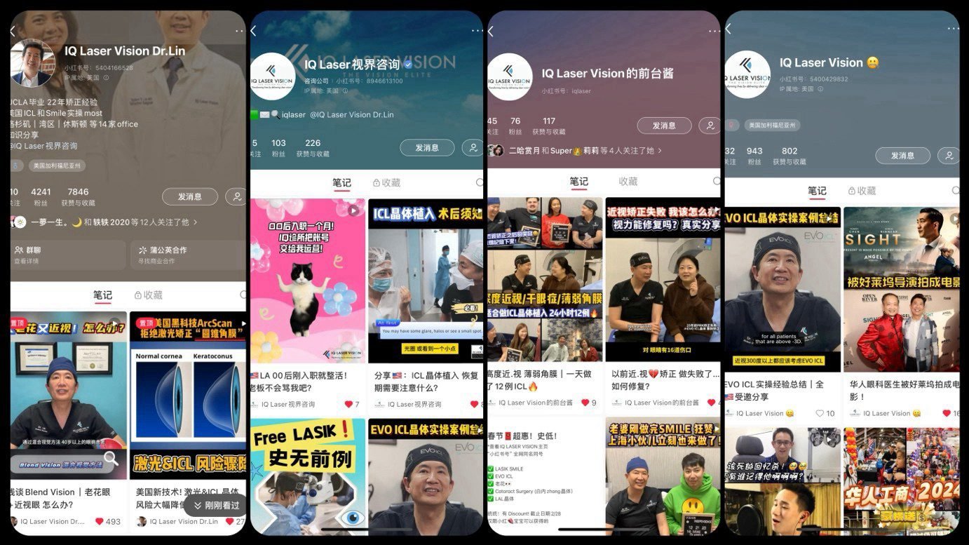The four Xiaohongshu accounts RedNexus runs for IQ Laser Vision